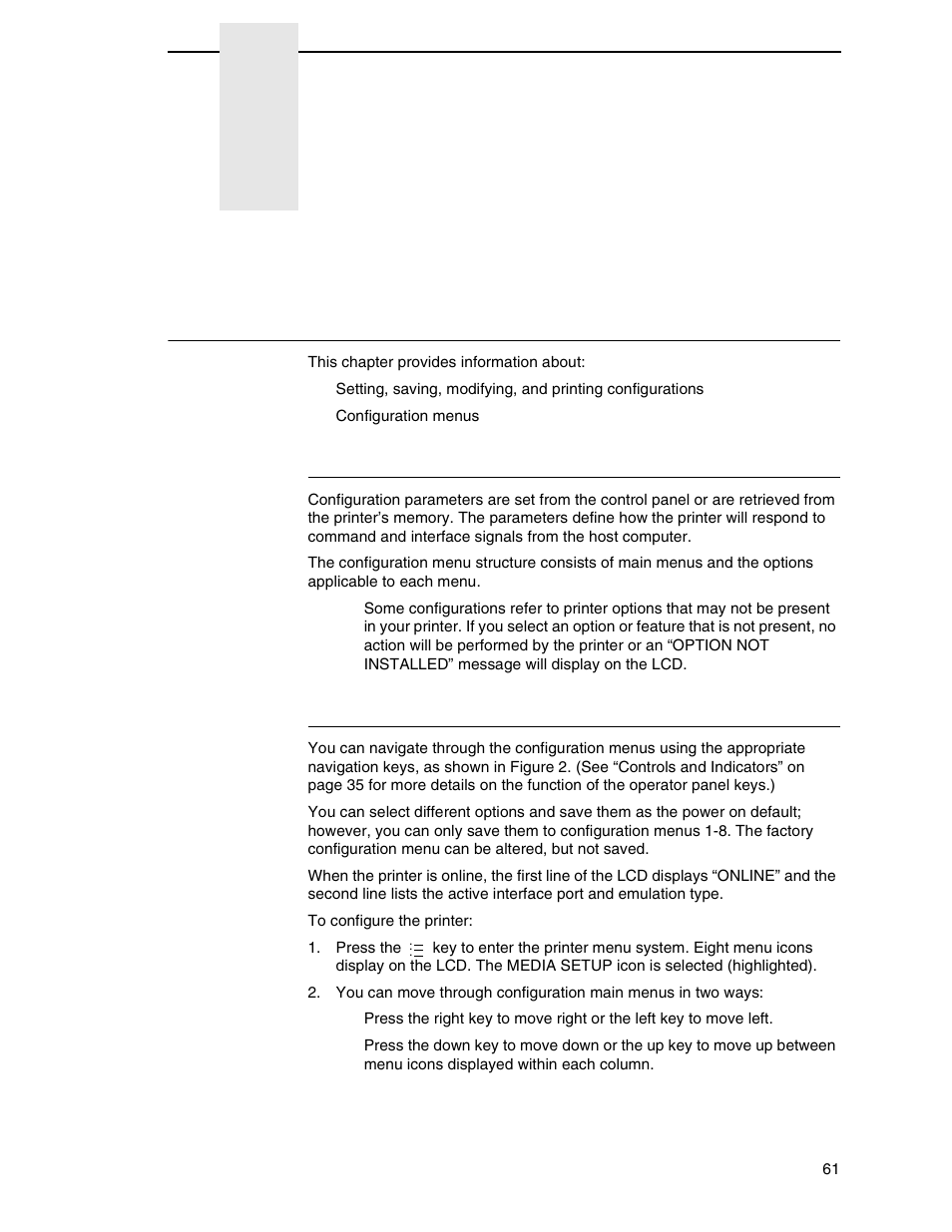 4 configuring the printer, Overview, Setting printer configuration parameters | Moving within the configuration menu, Configuring the printer | Printronix SL4M User Manual | Page 61 / 308
