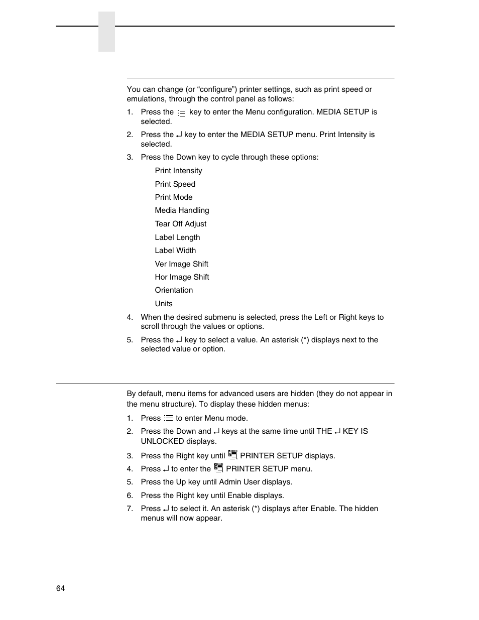 Changing printer settings, Hidden menus | Printronix SL4M User Manual | Page 64 / 308