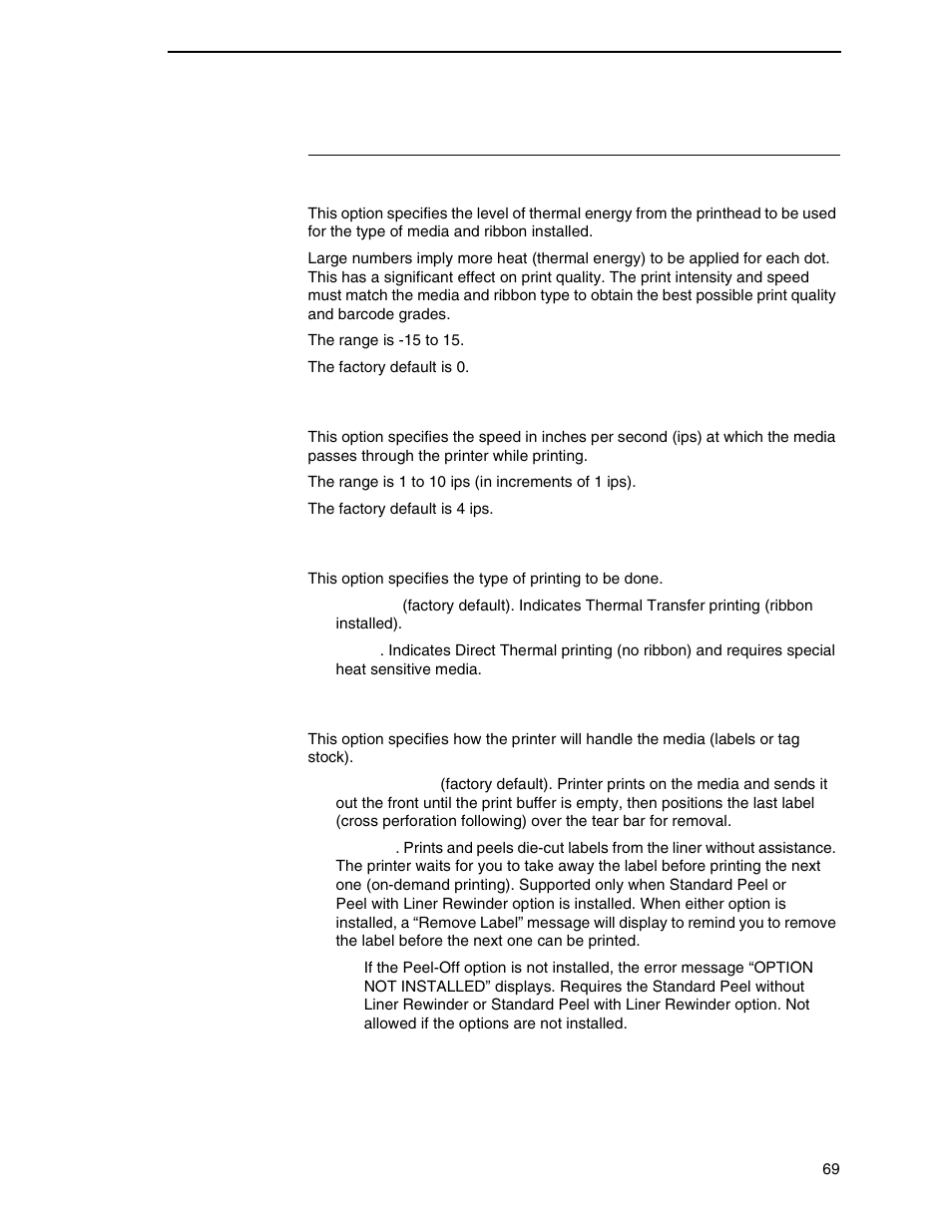 Media setup submenus, Print intensity, Print speed | Print mode, Media handling | Printronix SL4M User Manual | Page 69 / 308