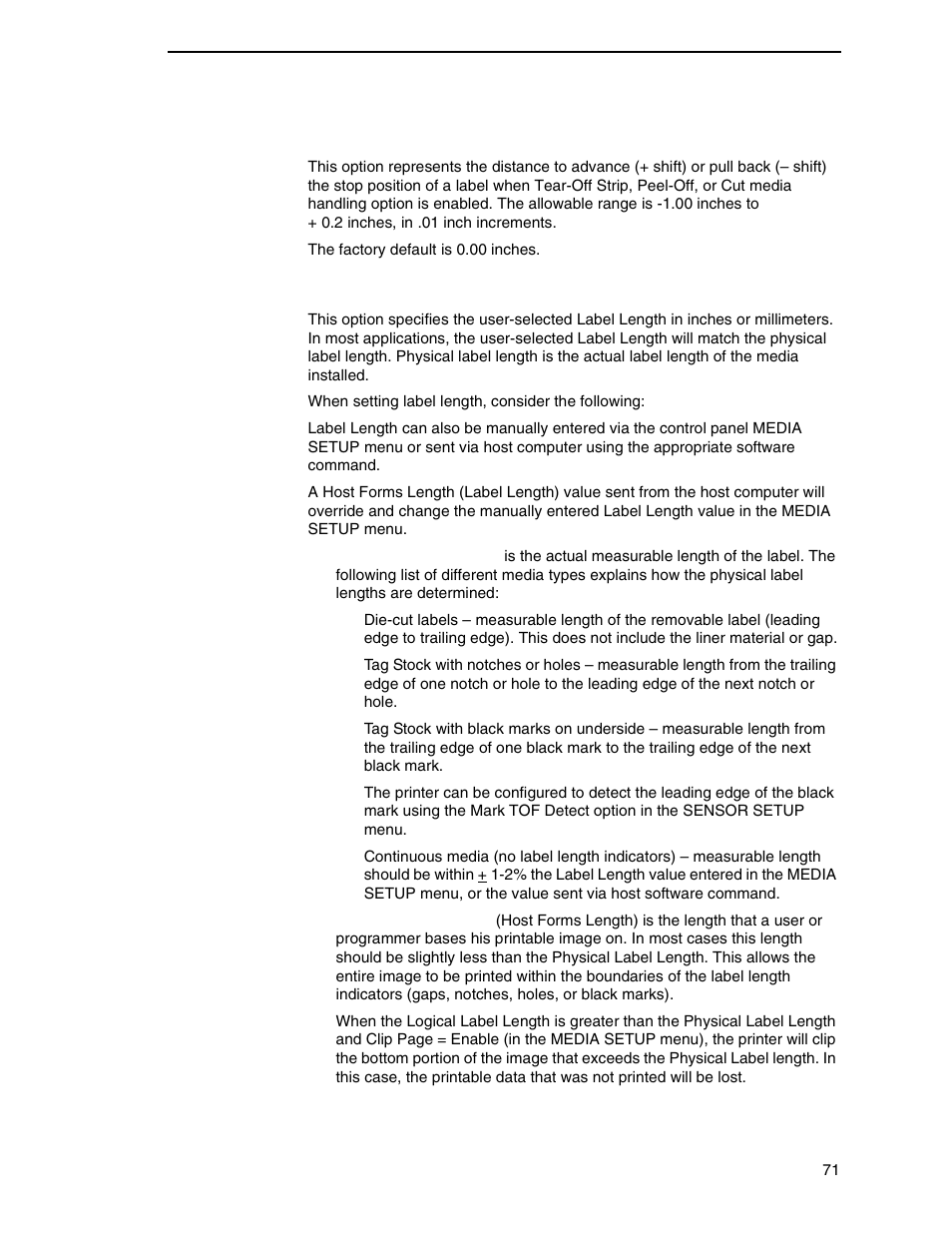 Tear off adjust, Label length | Printronix SL4M User Manual | Page 71 / 308