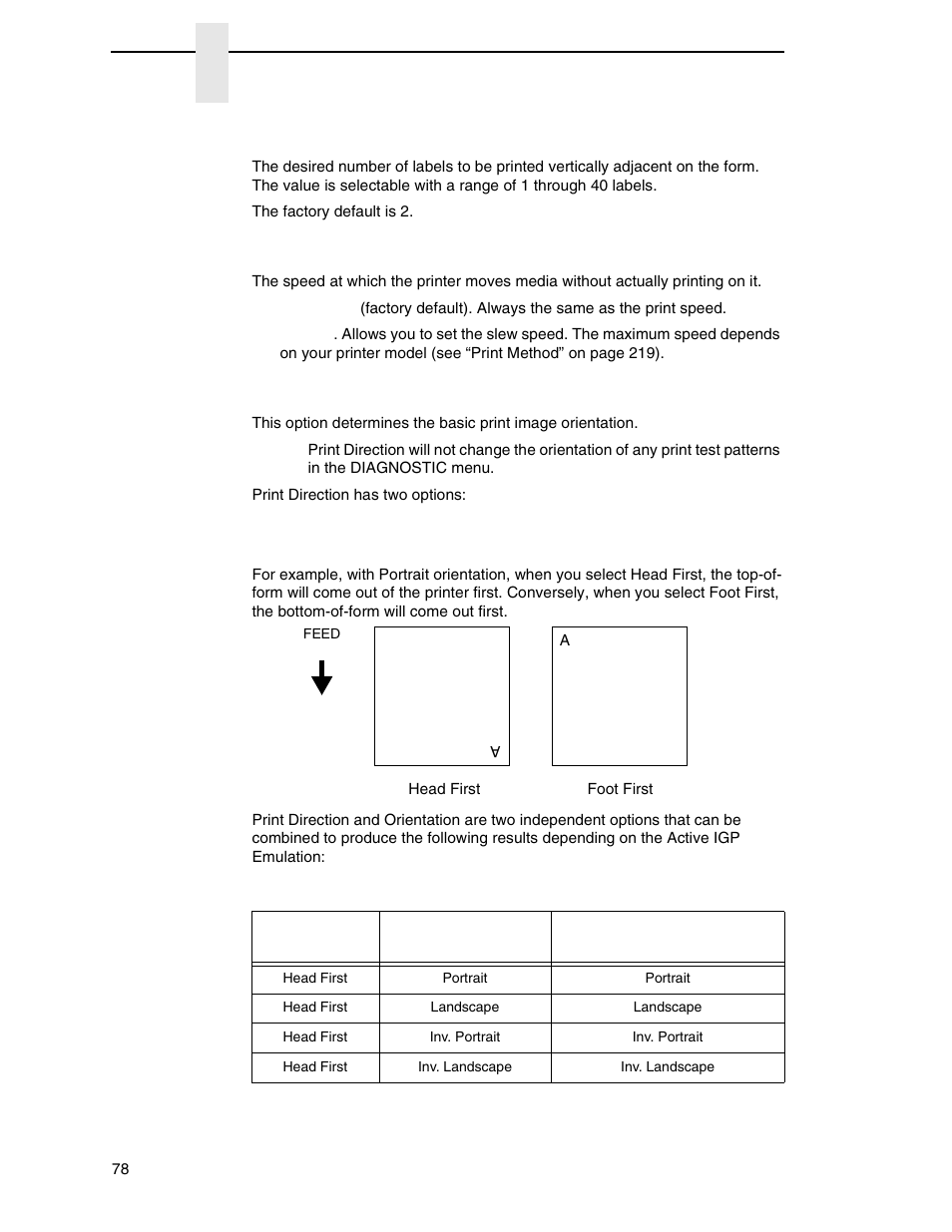 Num auto labels, Slew speed ctrl, Print direction | Printronix SL4M User Manual | Page 78 / 308