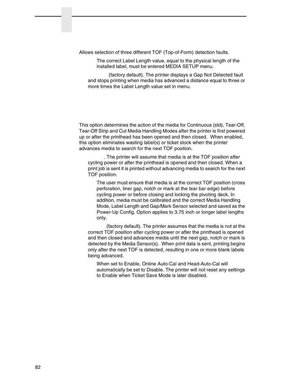 Tof detect fault, Ticket save mode | Printronix SL4M User Manual | Page 82 / 308