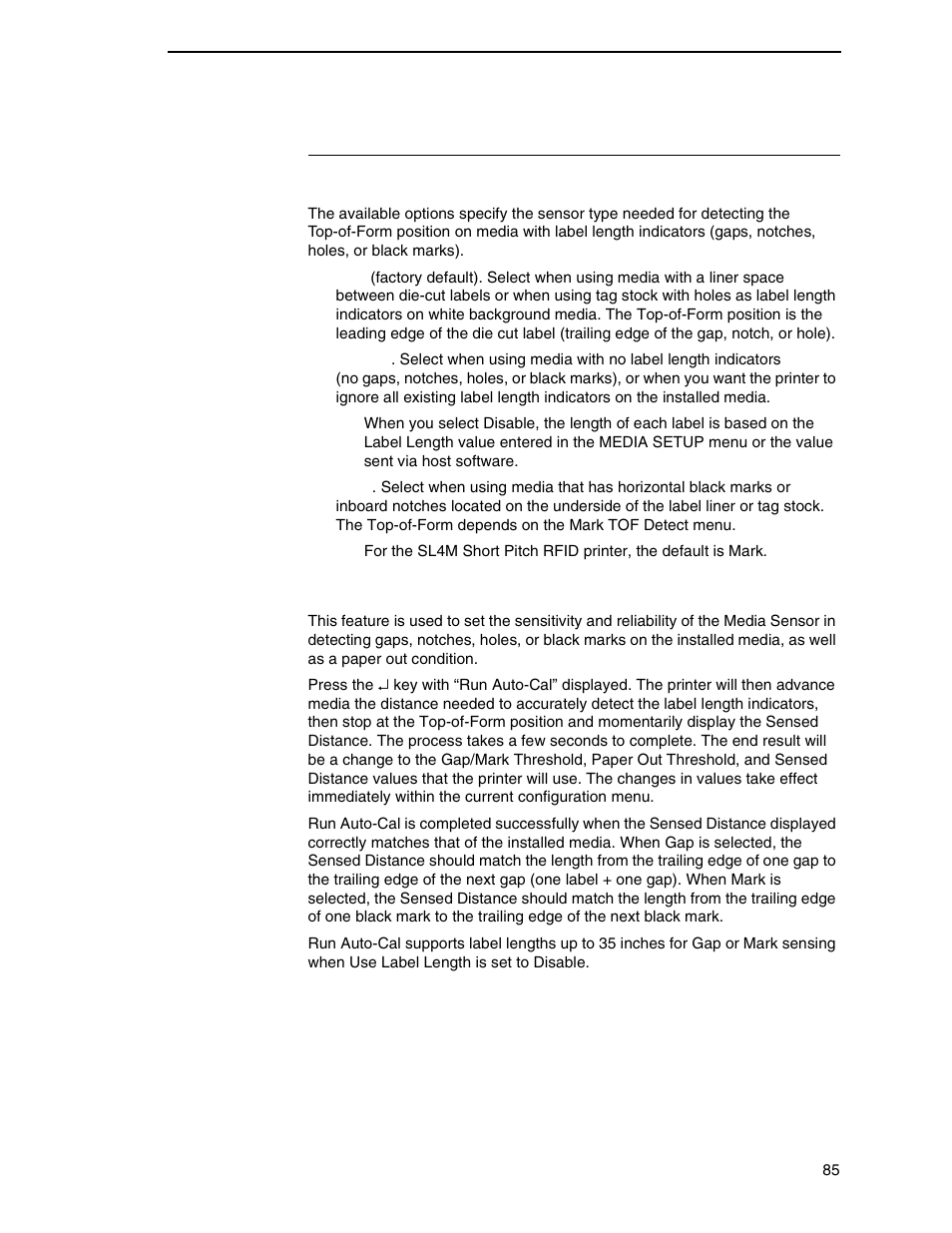 Sensor setup submenus, Gap/mark sensor, Run auto-cal (auto-calibrate) | Printronix SL4M User Manual | Page 85 / 308