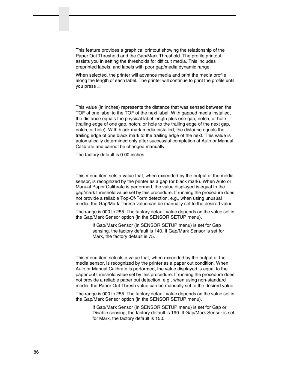 Run profile, Sensed distance, Gap/mark thresh | Paper out thresh | Printronix SL4M User Manual | Page 86 / 308