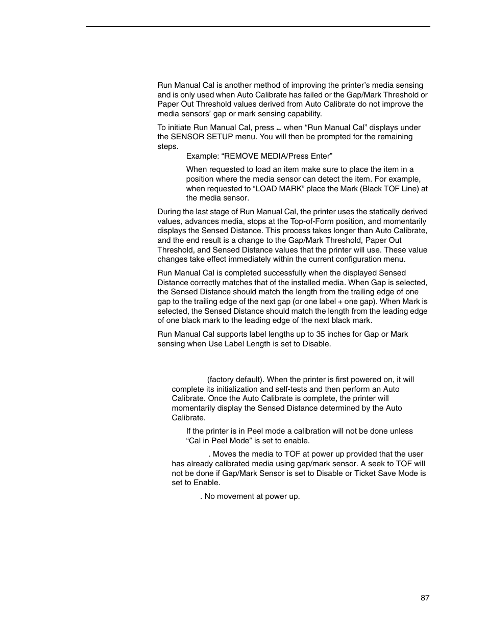 Run manual cal, Pwr up action | Printronix SL4M User Manual | Page 87 / 308