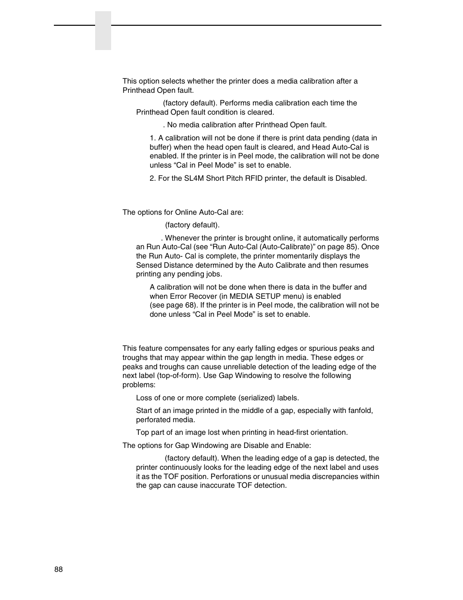 Head auto-cal, Online auto-cal, Gap windowing | Printronix SL4M User Manual | Page 88 / 308
