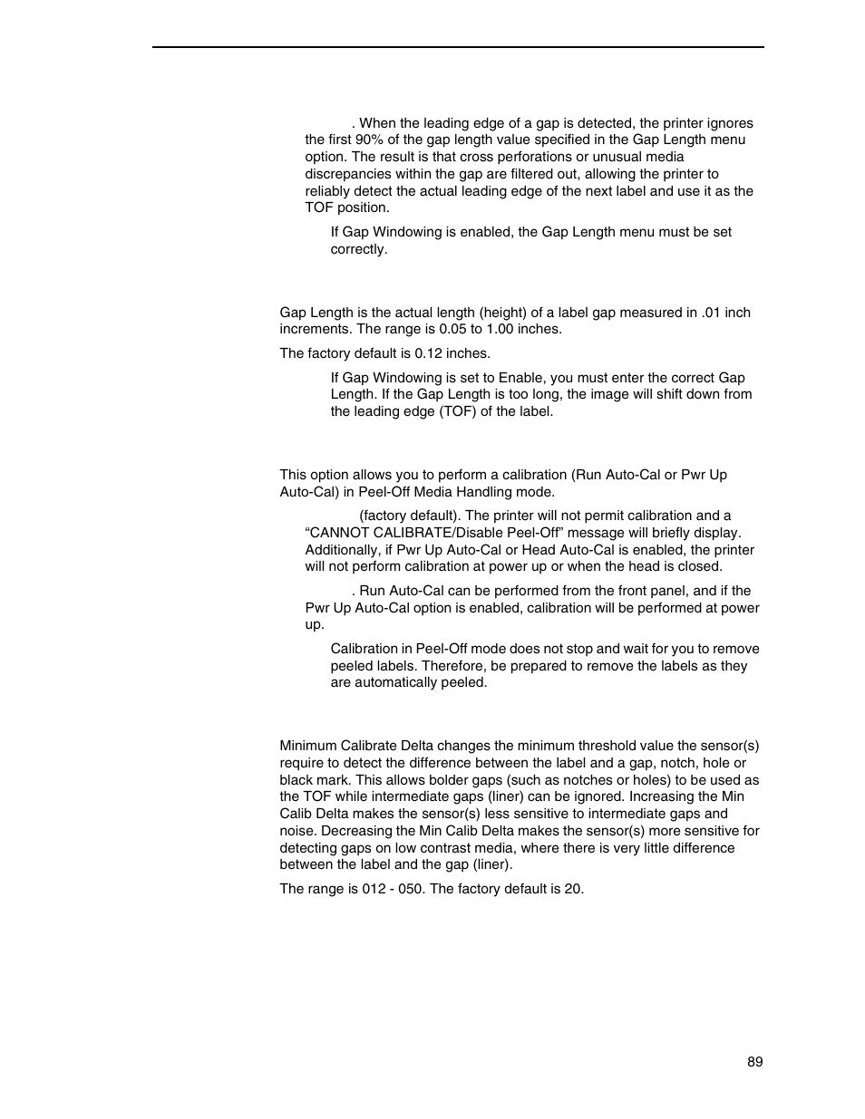 Gap length, Cal in peel mode, Min calib delta | Printronix SL4M User Manual | Page 89 / 308