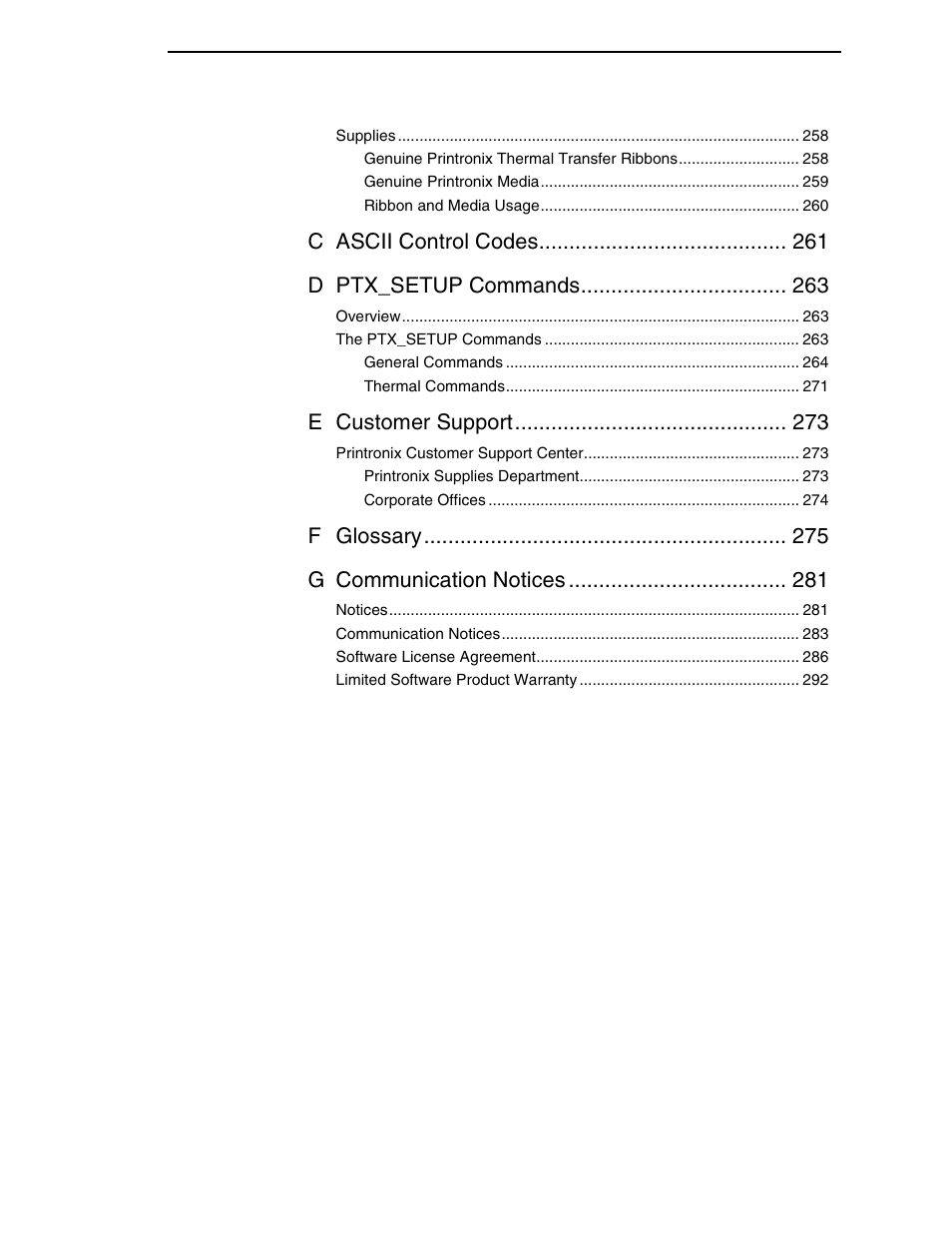 C ascii control codes d ptx_setup commands, E customer support, F glossary g communication notices | Printronix SL4M User Manual | Page 9 / 308