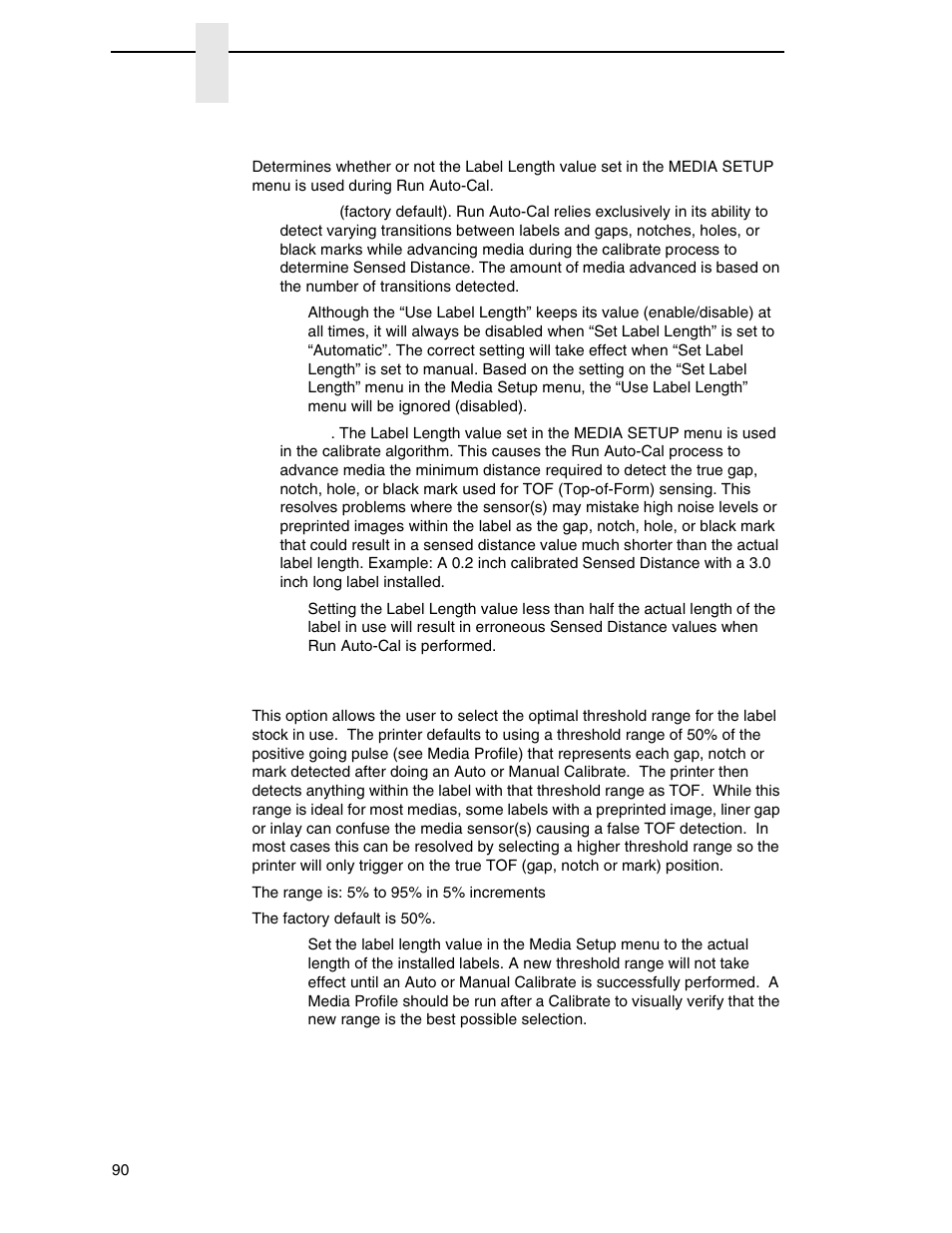 Use label length, Threshold range | Printronix SL4M User Manual | Page 90 / 308
