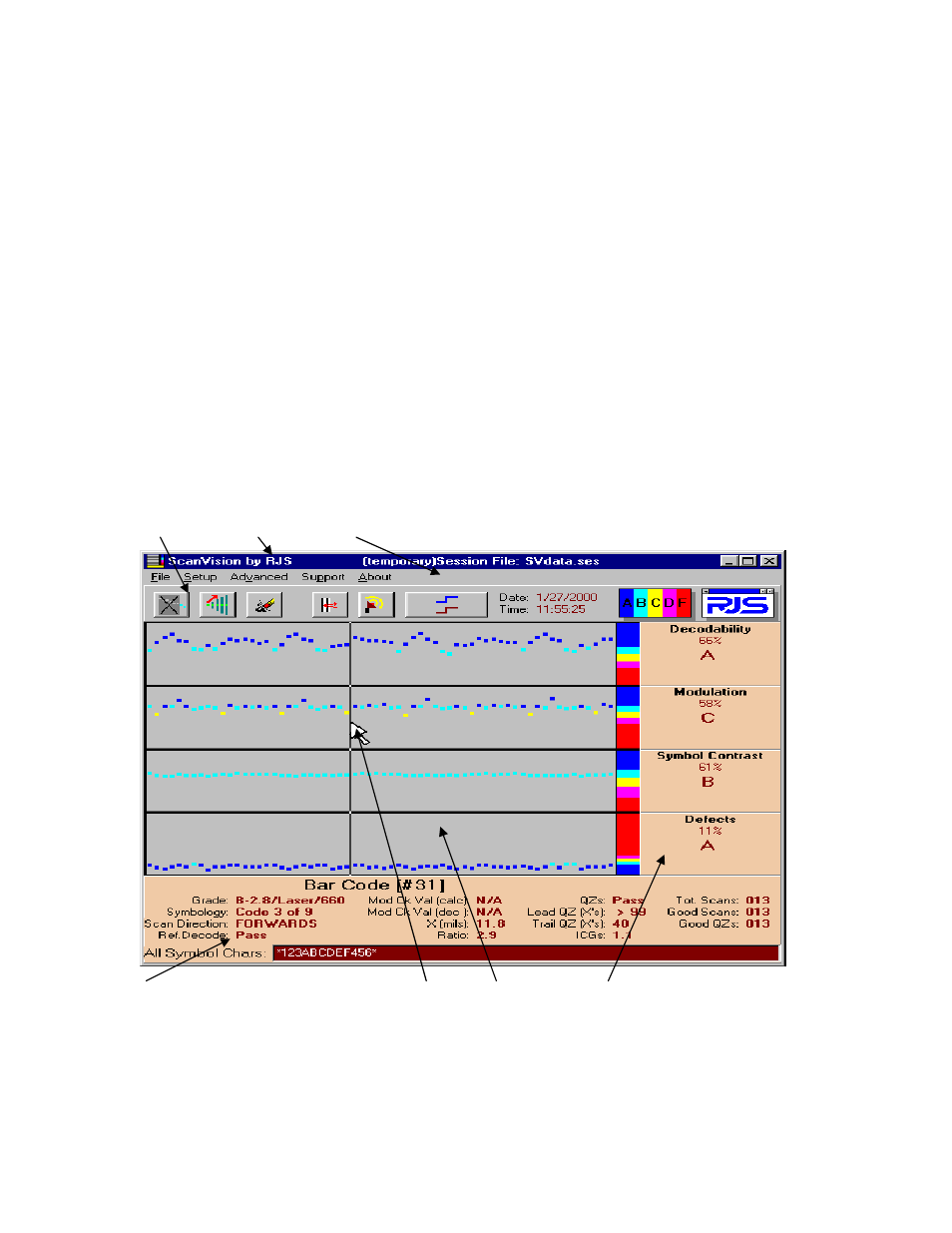 Reflectance profile mode, Analysis screens, Bar code analysis screen | Printronix Scan Vision User Manual | Page 9 / 14