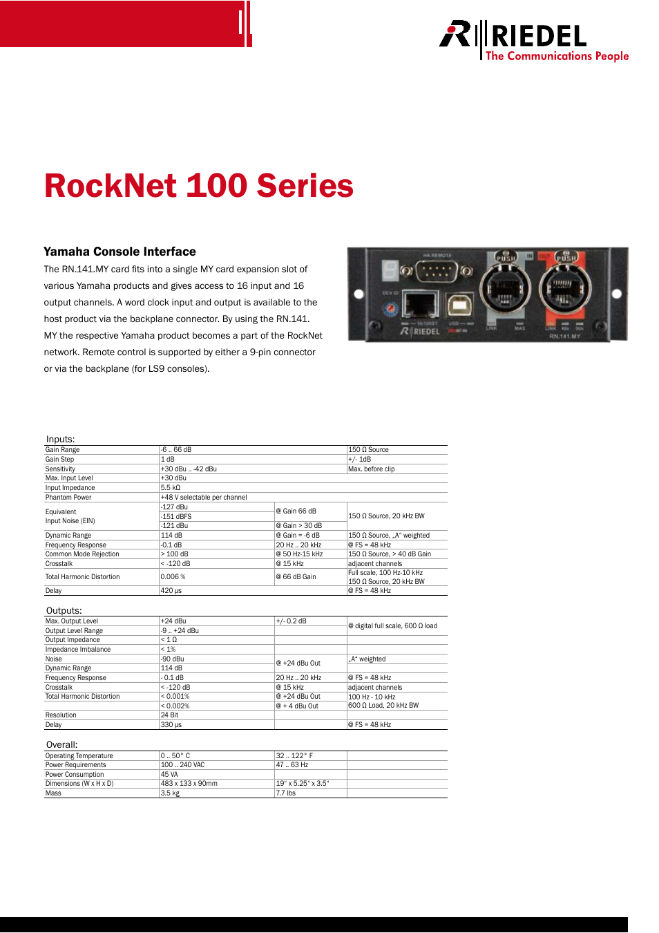 Rocknet 100 series, Yamaha console interface | RIEDEL RockNet 100 User Manual | Page 2 / 2