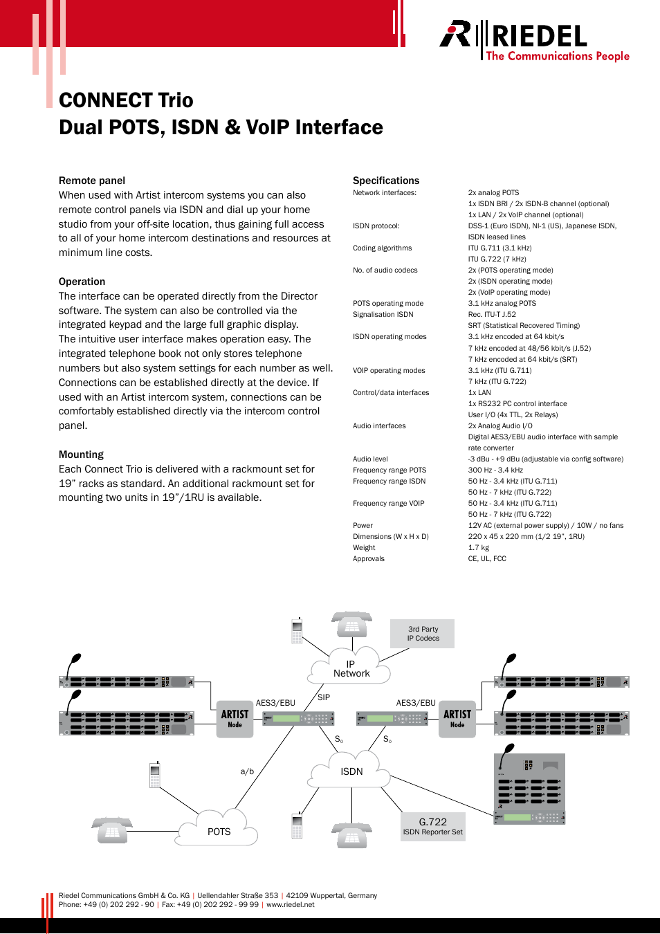 Connect trio dual pots, isdn & voip interface, Specifications | RIEDEL Connect_Trio User Manual | Page 2 / 2