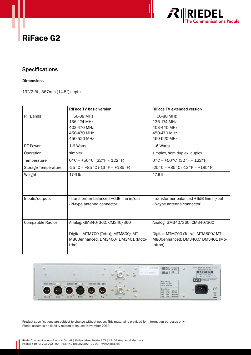 Riface g2, Specifications | RIEDEL RiFace User Manual | Page 2 / 2