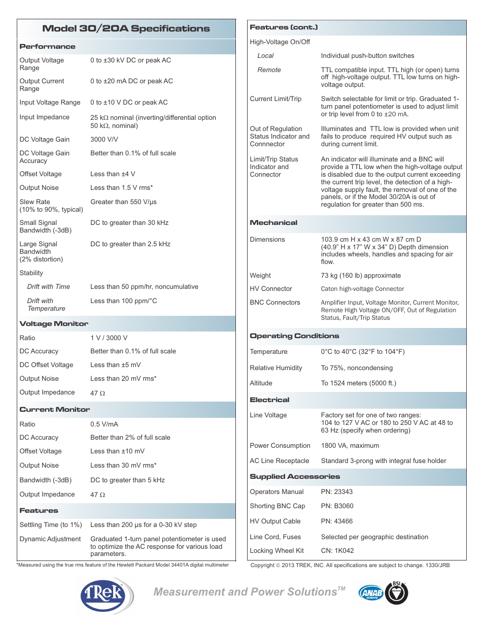 Measurement and power solutions, Model 30/20a specifications | Trek 30-20A High-Voltage Power Amplifier User Manual | Page 2 / 2