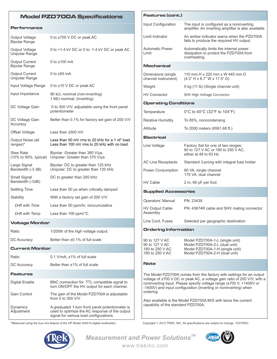 Measurement and power solutions, Model pzd700a specifications | Trek PZD700A Piezo Driver-Power Amplifier User Manual | Page 2 / 2