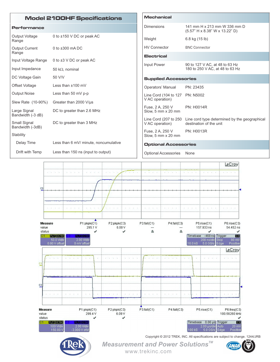 Measurement and power solutions, Model 2100hf specifications | Trek 2100HF High-Voltage Power Amplifier User Manual | Page 2 / 2