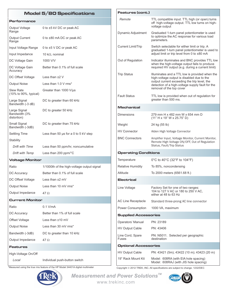 Measurement and power solutions, Model 5/80 specifications | Trek 5-80 High-Voltage Power Amplifier User Manual | Page 2 / 2