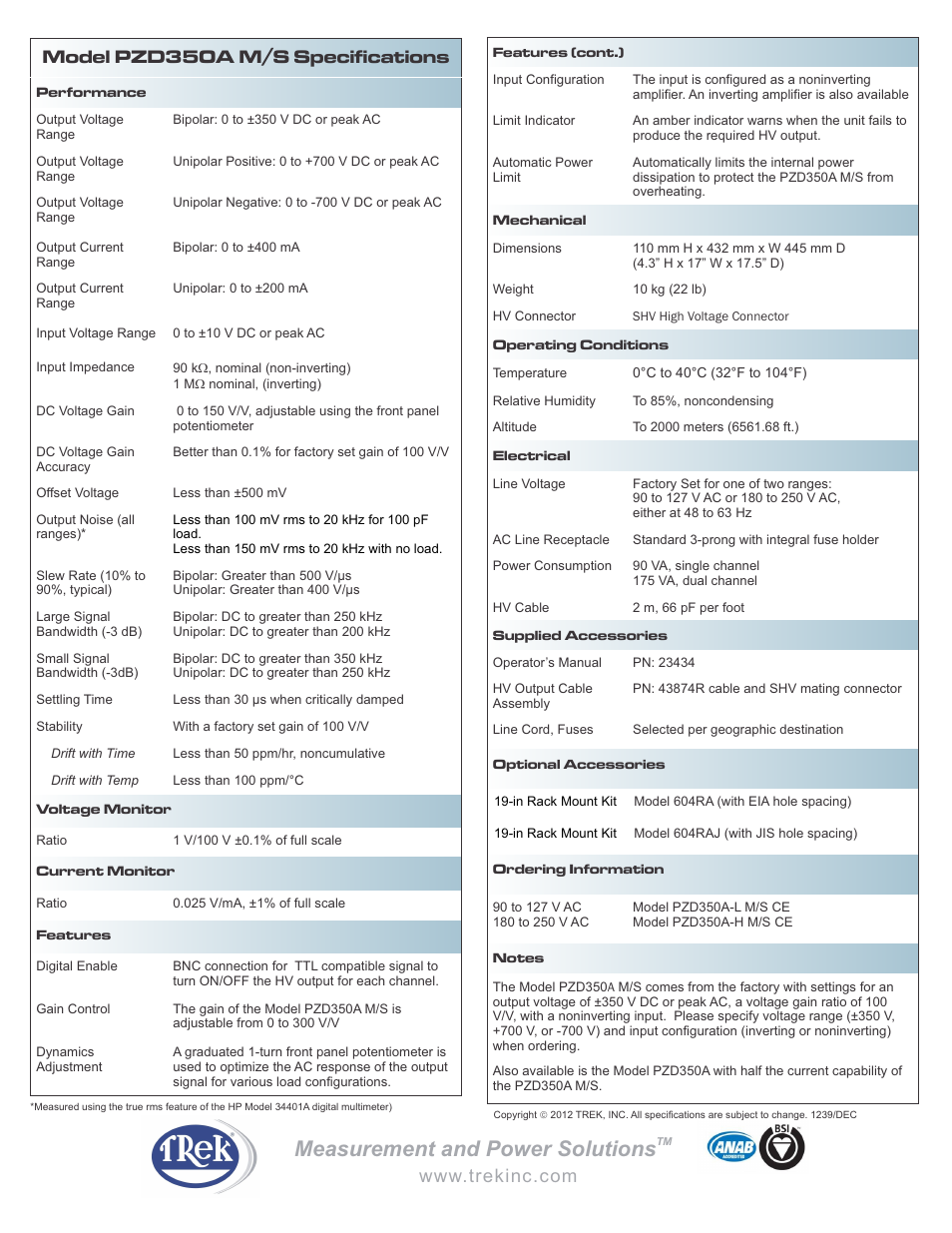Measurement and power solutions, Model pzd350a m/s specifications | Trek PZD350AMS Piezo Driver-Power Amplifier User Manual | Page 2 / 2