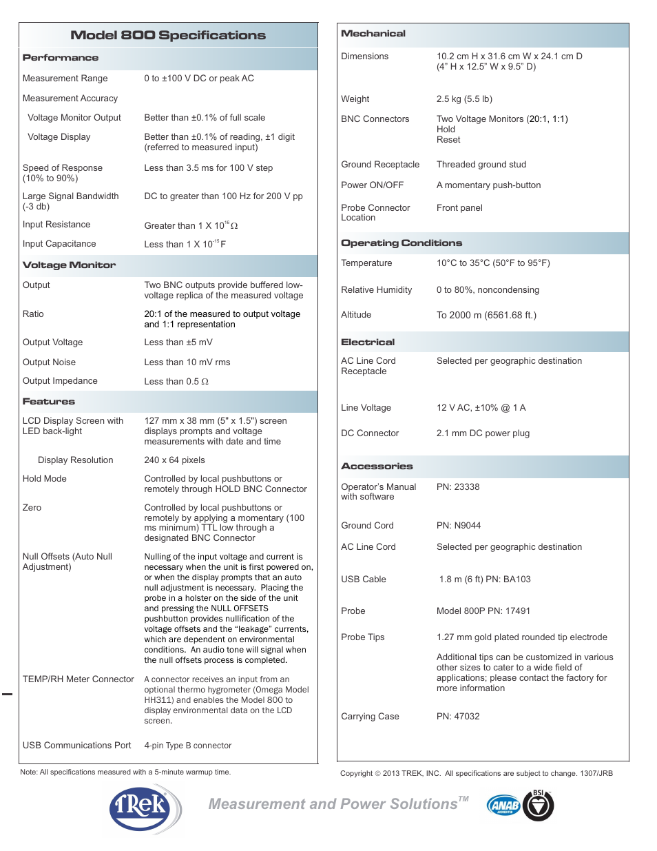 Measurement and power solutions, Model 800 specifications | Trek 800 Ultra-High Impedance Voltmeter User Manual | Page 2 / 2