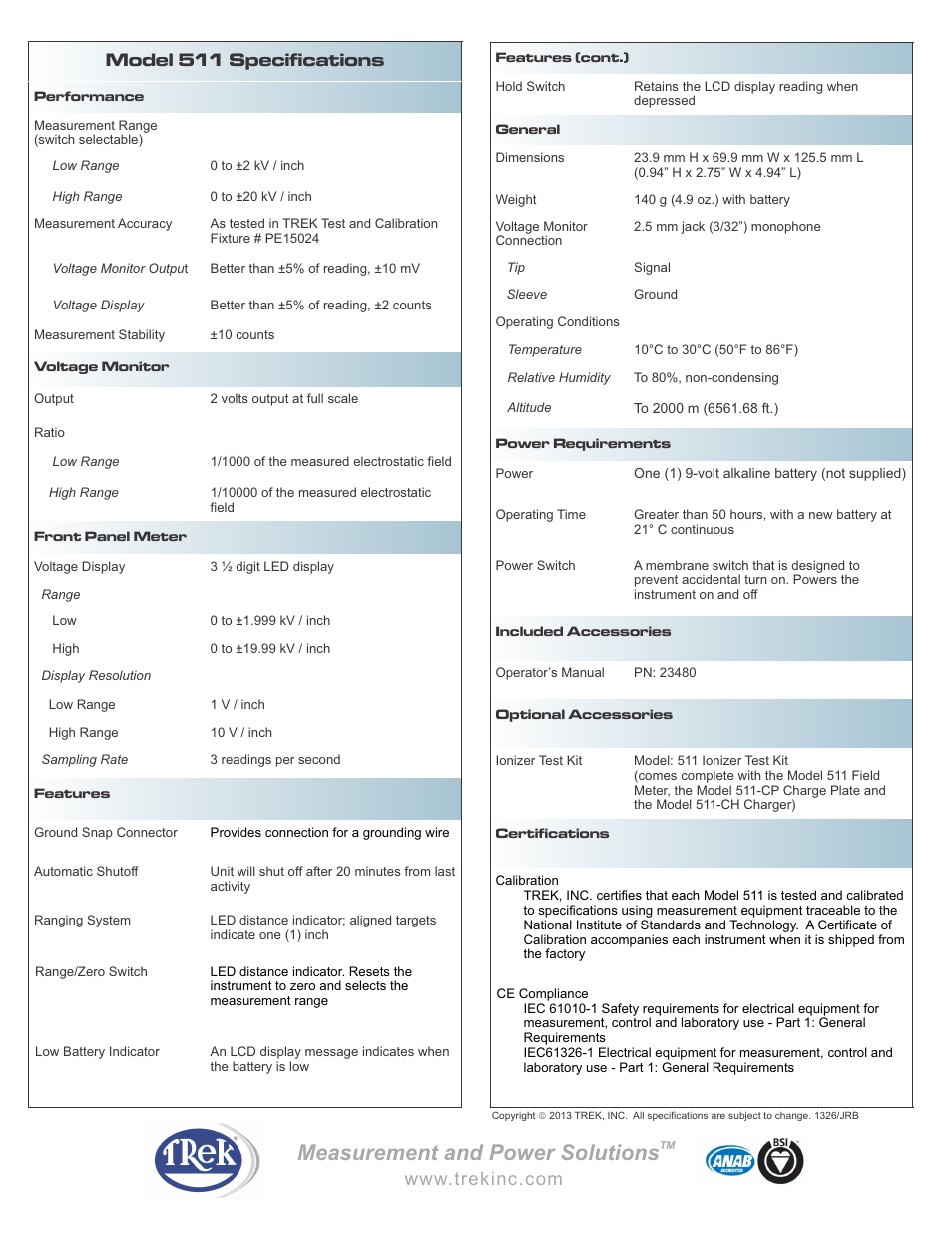 Measurement and power solutions, Model 511 specifications | Trek 511 Hand-Held Electrostatic Field Meter User Manual | Page 2 / 2