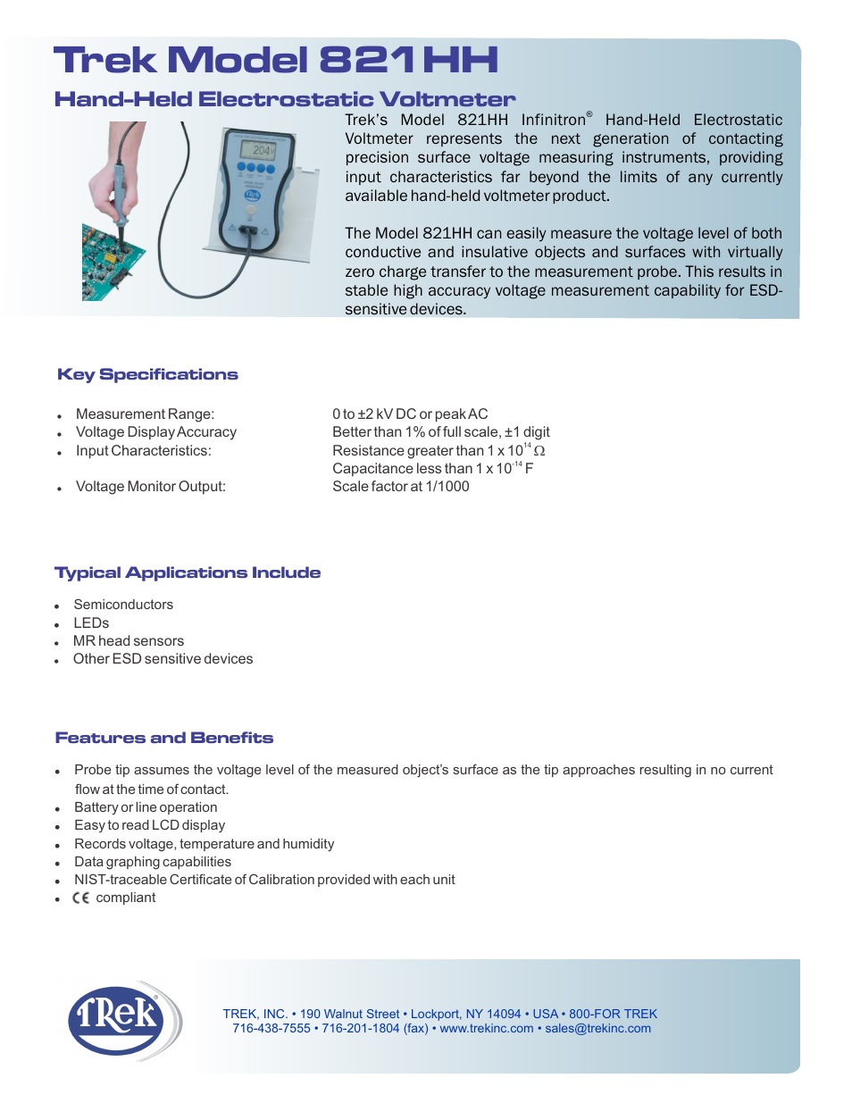 Trek 821HH Hand-Held Electrostatic Voltmeter User Manual | 2 pages