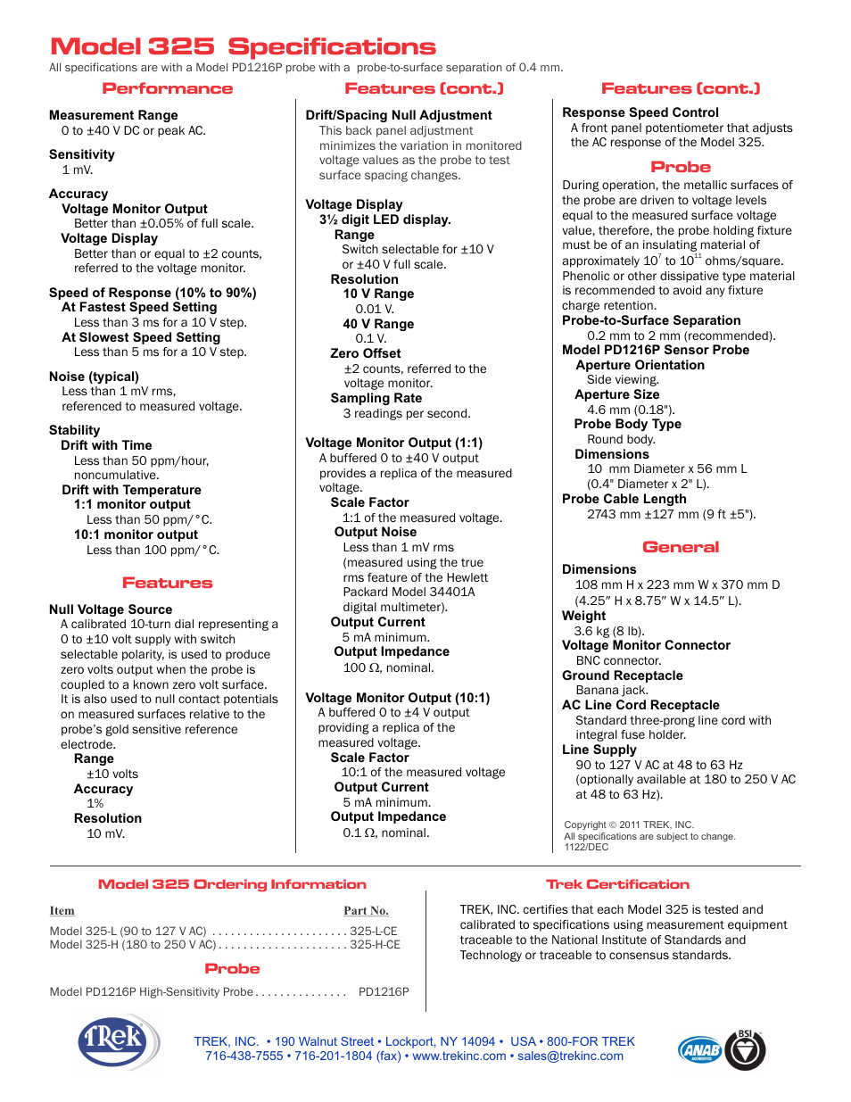 Model 325 specifications | Trek 325 DC Stable Electrostatic Voltmeter User Manual | Page 2 / 2
