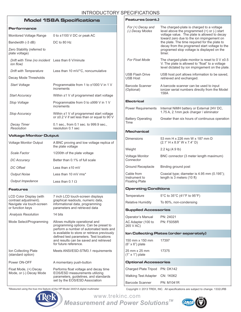 Measurement and power solutions, Model 158a specifications, Introductory specifications | Trek 158A Charged Plate Monitor User Manual | Page 2 / 2