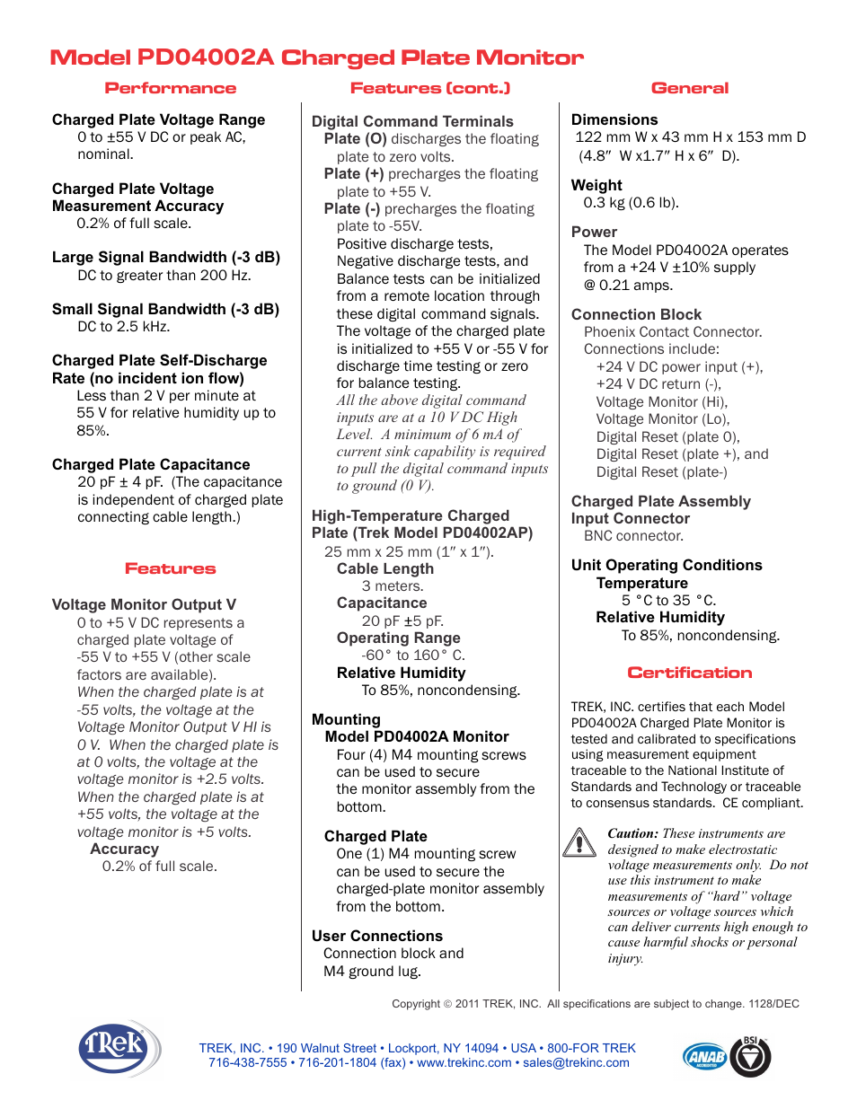 Model 10/40a specifications | Trek PD04002A Charged Plate Monitor Controller User Manual | Page 2 / 2