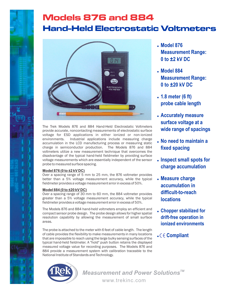 Trek 884 Hand-Held Electrostatic Voltmeters User Manual | 2 pages