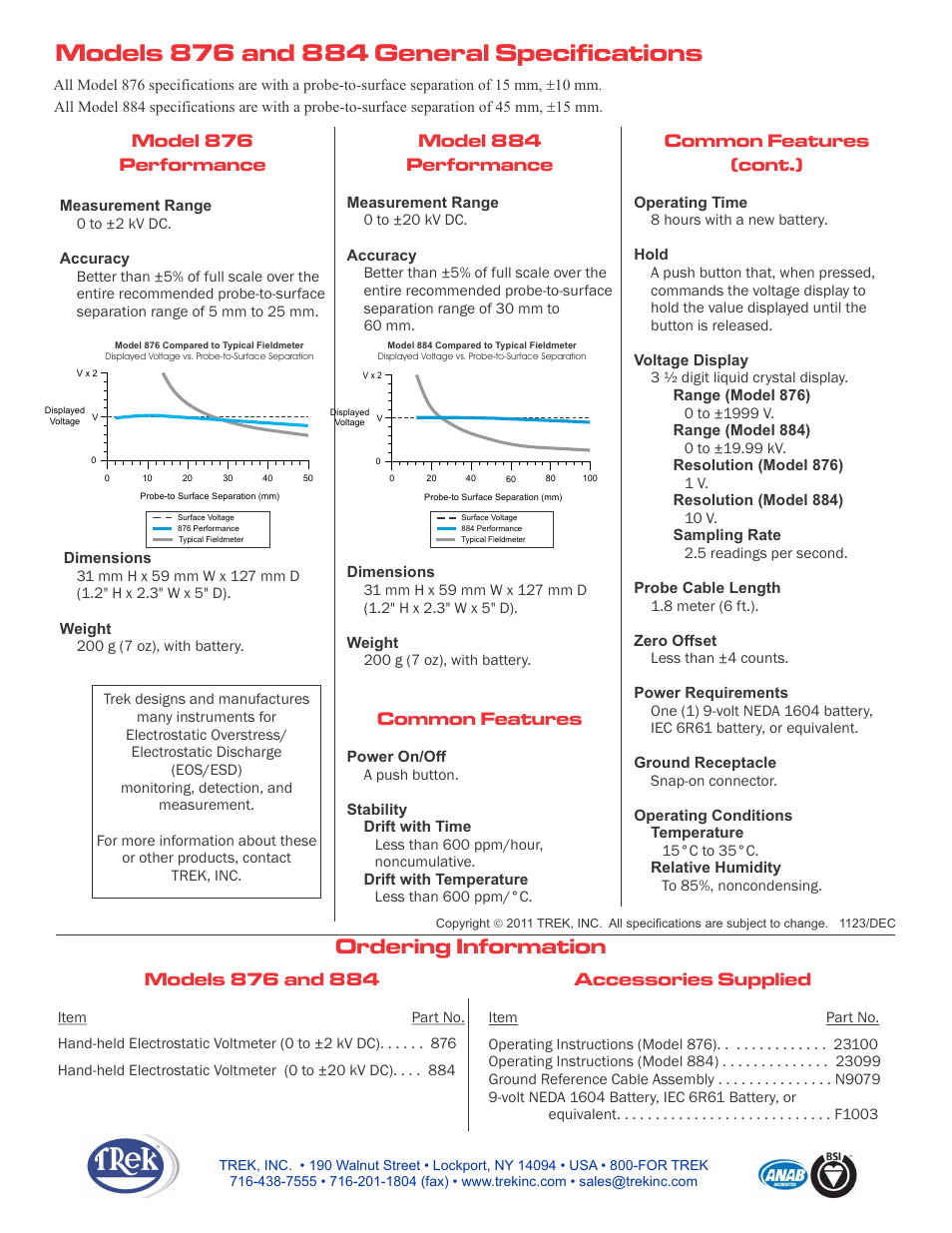 Model 10/40a specifications, Ordering information | Trek 884 Hand-Held Electrostatic Voltmeters User Manual | Page 2 / 2