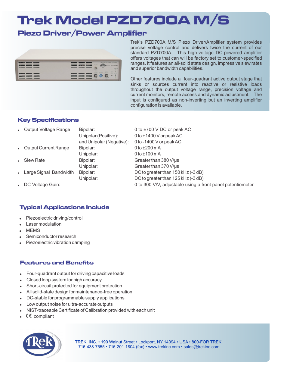 Trek PZD700AMS Piezo Driver-Power Amplifier User Manual | 2 pages