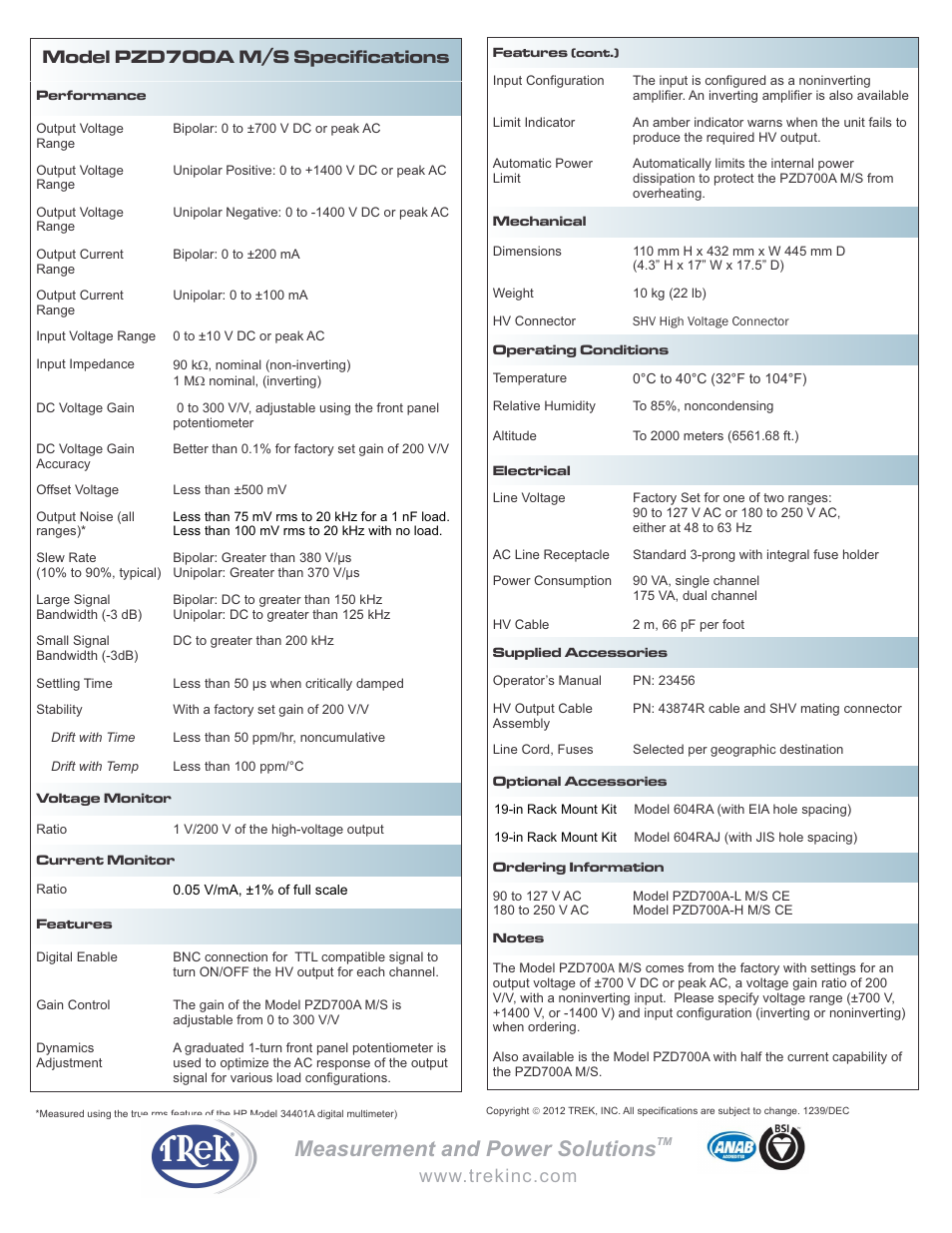 Measurement and power solutions, Model pzd700a m/s specifications | Trek PZD700AMS Piezo Driver-Power Amplifier User Manual | Page 2 / 2