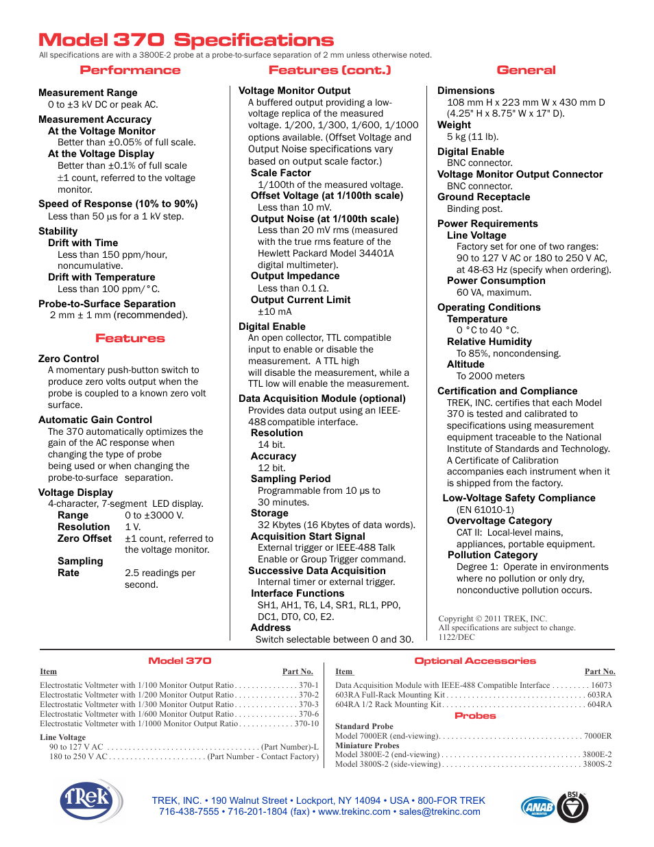 Performance features (cont.) general features | Trek 370 DC Stable Electrostatic Voltmeter User Manual | Page 2 / 2