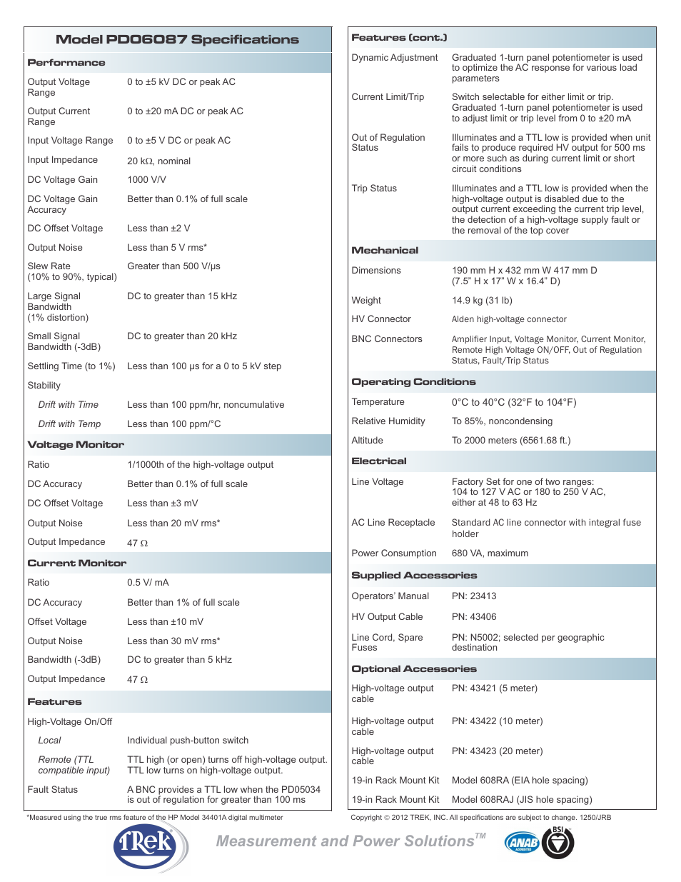 Measurement and power solutions | Trek PD06087 High-Voltage Power Amplifier User Manual | Page 2 / 2