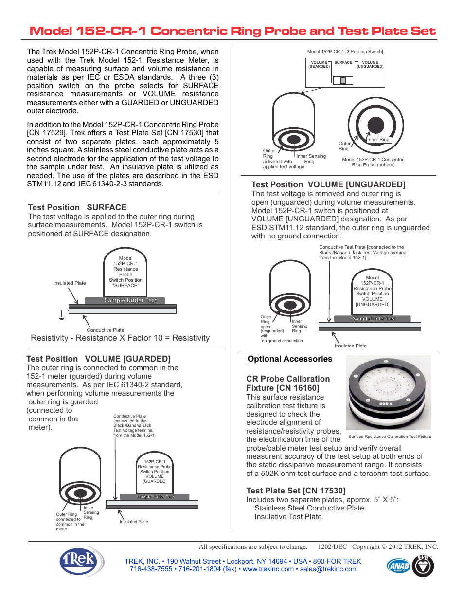 Test position surface, Test position volume [unguarded, Test position volume [guarded | Optional accessories, Resistivity - resistance x factor 10 = resistivity | Trek 152P-CR-1 Surface_Volume Concentric Ring Probe User Manual | Page 2 / 2