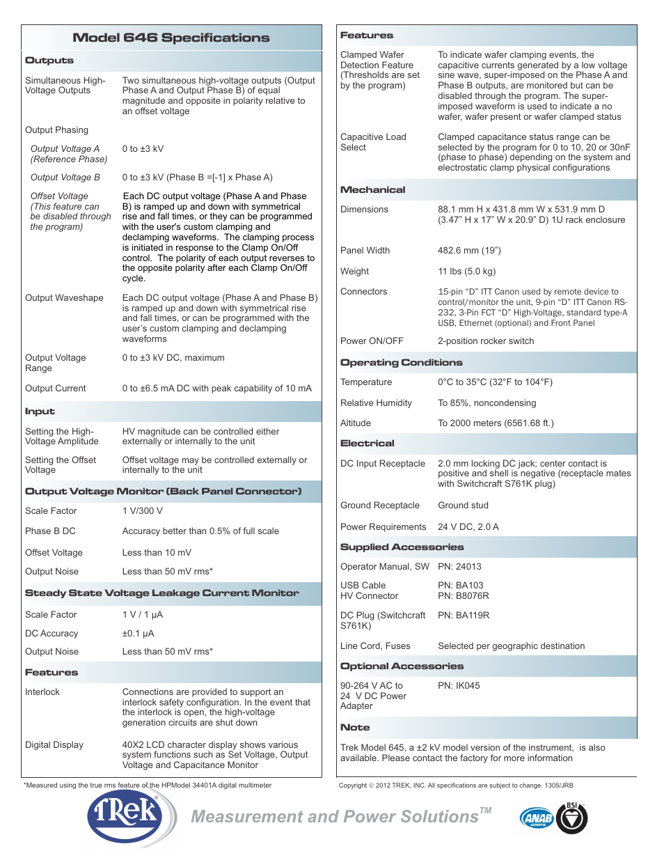 Measurement and power solutions, Model 646 specifications | Trek 646 Electrostatic Chuck Supply User Manual | Page 2 / 2
