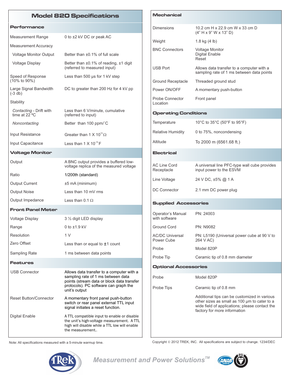 Measurement and power solutions, Model 820 specifications | Trek 820 High Impedance Contacting_Non-contacting Voltmeter User Manual | Page 2 / 2