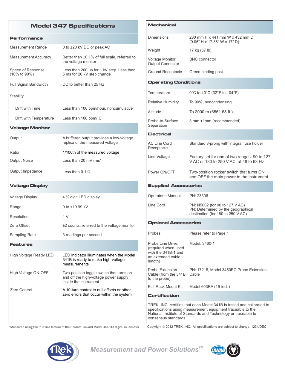 Measurement and power solutions, Model 347 specifications | Trek 341B High-Voltage Electrostatic Voltmeter User Manual | Page 2 / 2