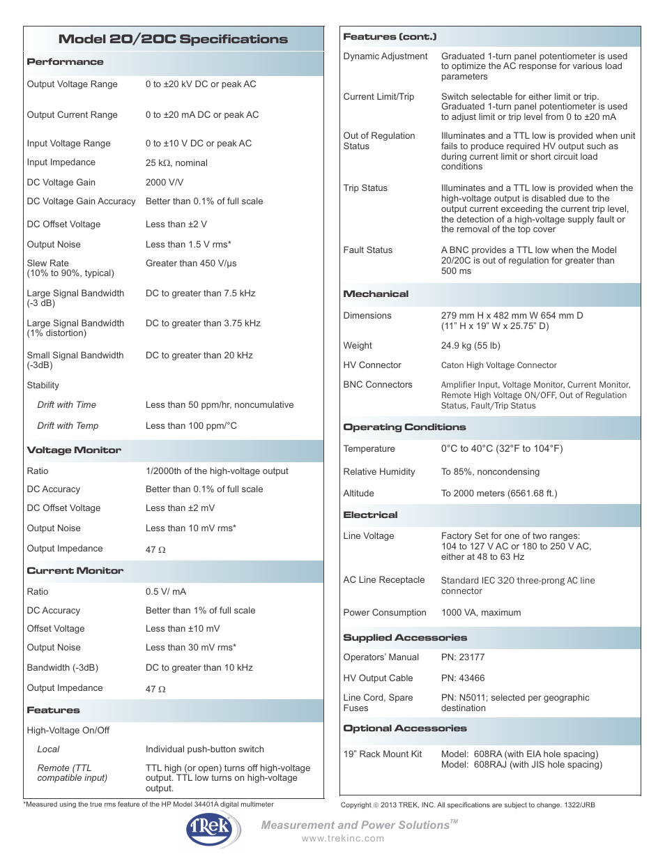 Model 20/20c specifications | Trek 20-20C High-Voltage Power Amplifier User Manual | Page 2 / 2