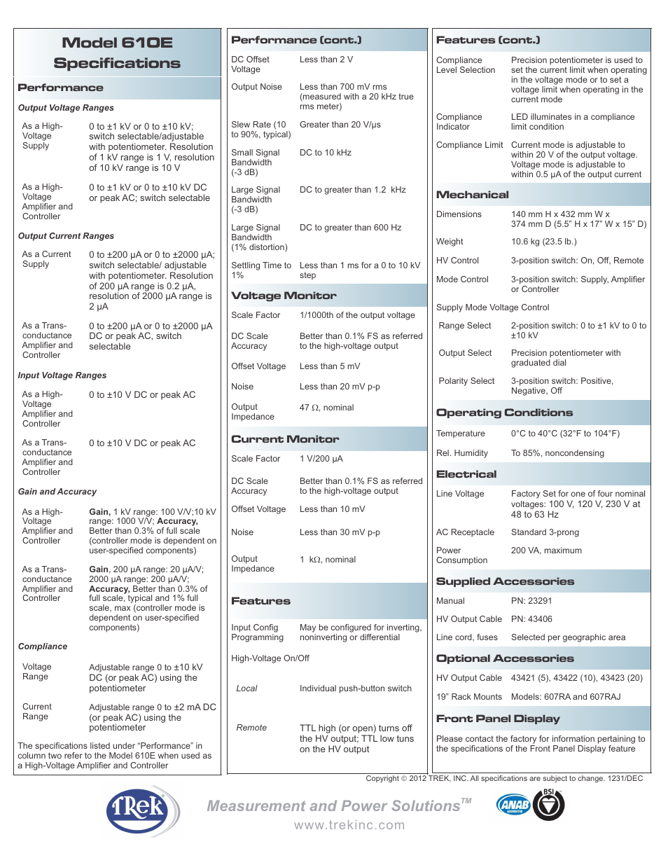 Model 610e specifications, Measurement and power solutions | Trek 610E High-Voltage Power Amplifier User Manual | Page 2 / 2