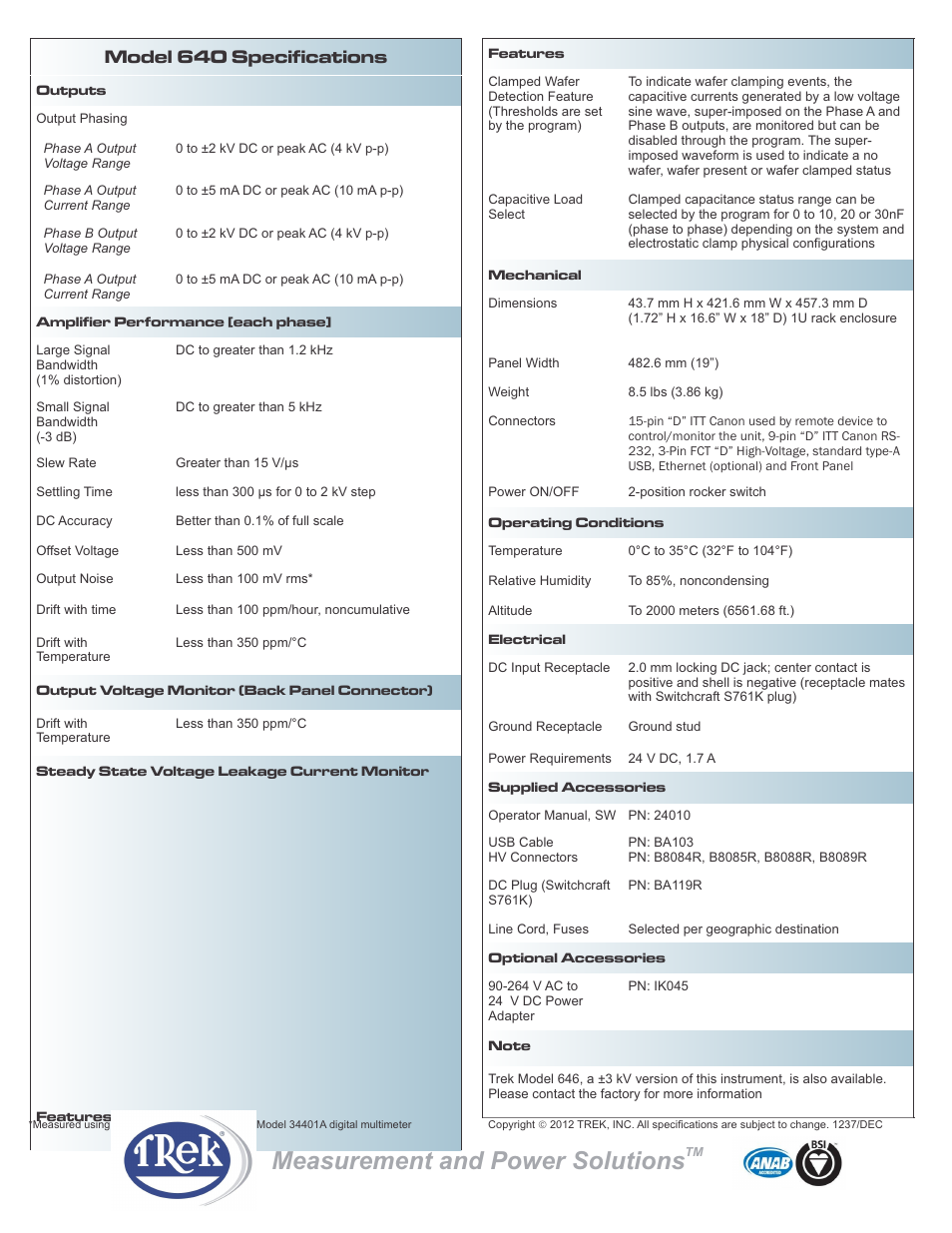 Measurement and power solutions, Model 640 specifications | Trek 640 Electrostatic Chuck Optimizer User Manual | Page 2 / 2