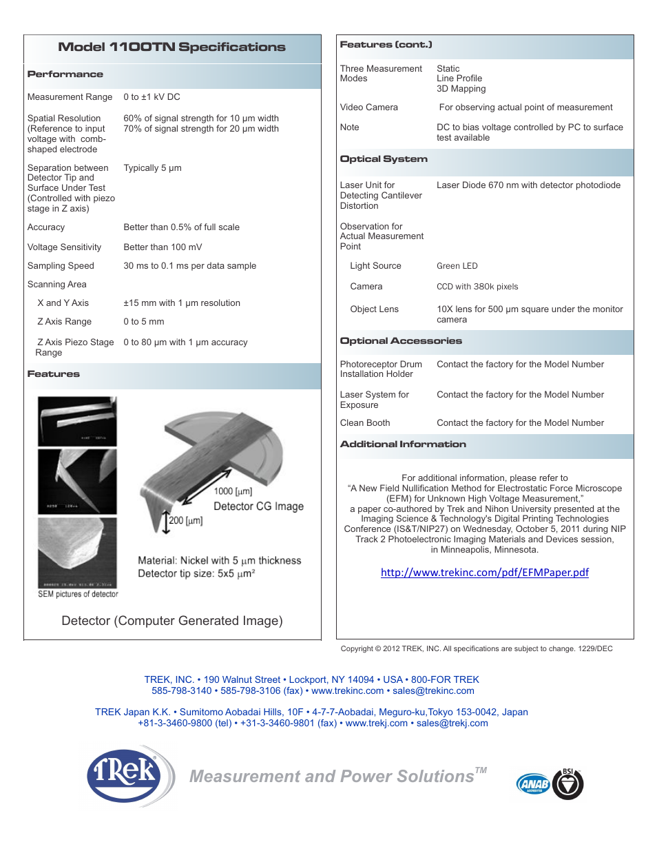 Measurement and power solutions, Model 1100tn specifications, Detector (computer generated image) | Trek 1100TN Electrostatic Force Microscope User Manual | Page 2 / 2