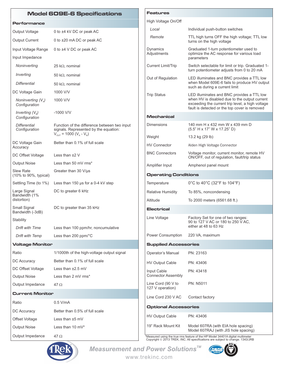 Measurement and power solutions, Model 609e-6 specifications | Trek 609E-6 High-Voltage Power Amplifier User Manual | Page 2 / 2