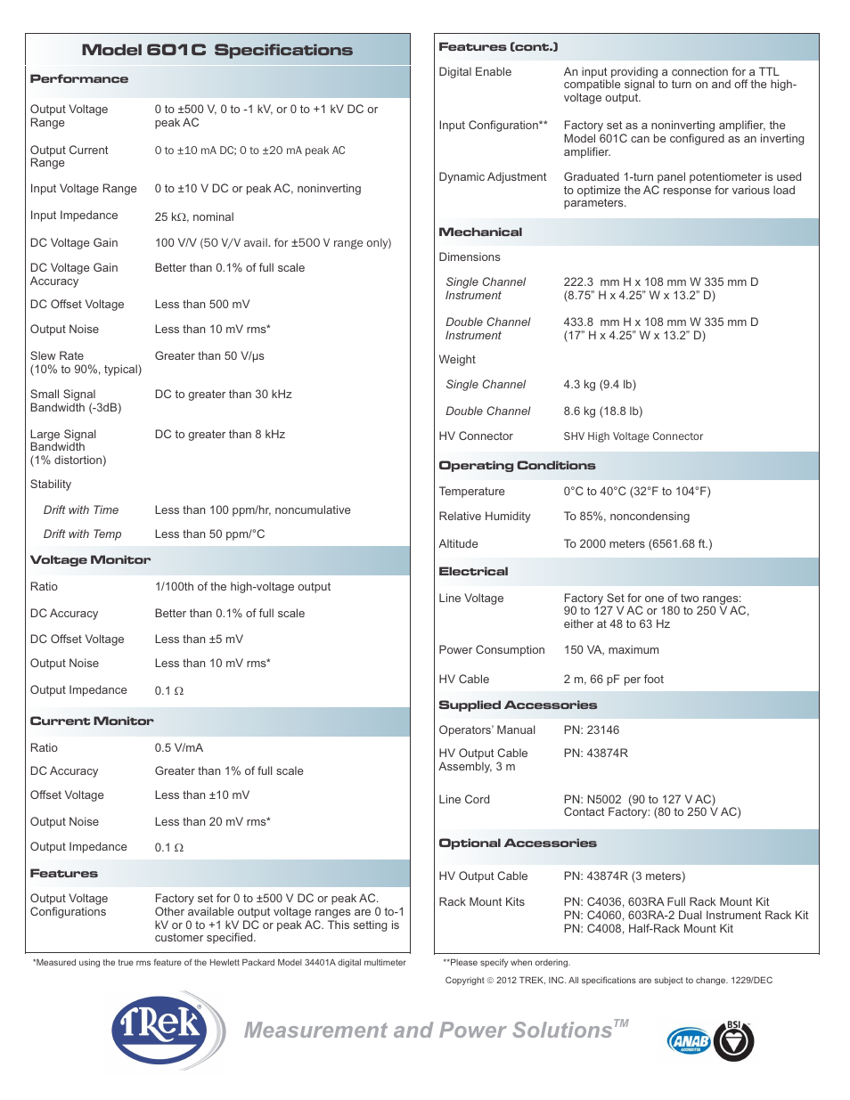 Measurement and power solutions, Model 601c specifications | Trek 601C High-Voltage Power Amplifier User Manual | Page 2 / 2