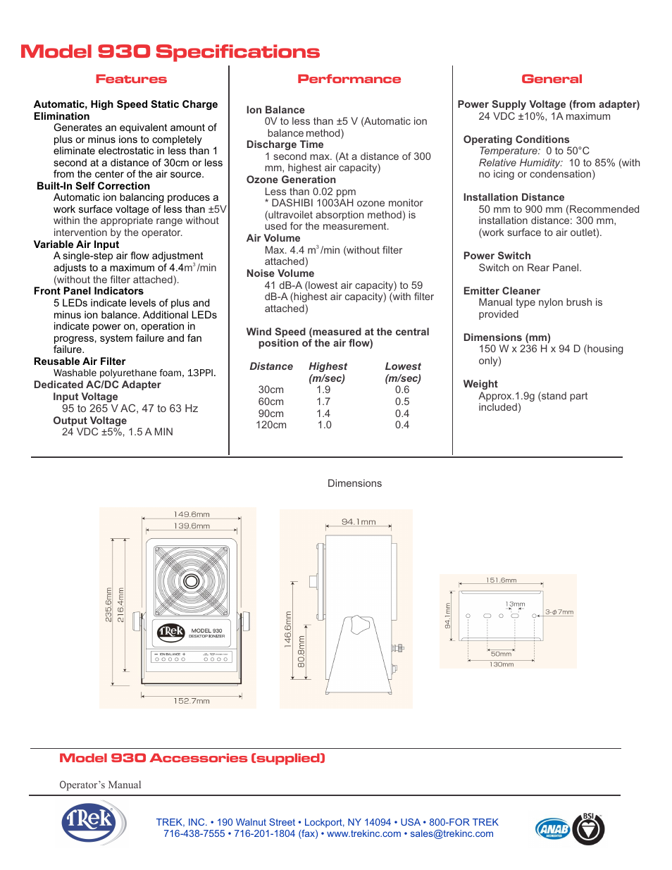 Features performance general, Model 930 accessories (supplied) | Trek 930 Benchtop Ionizer User Manual | Page 2 / 3