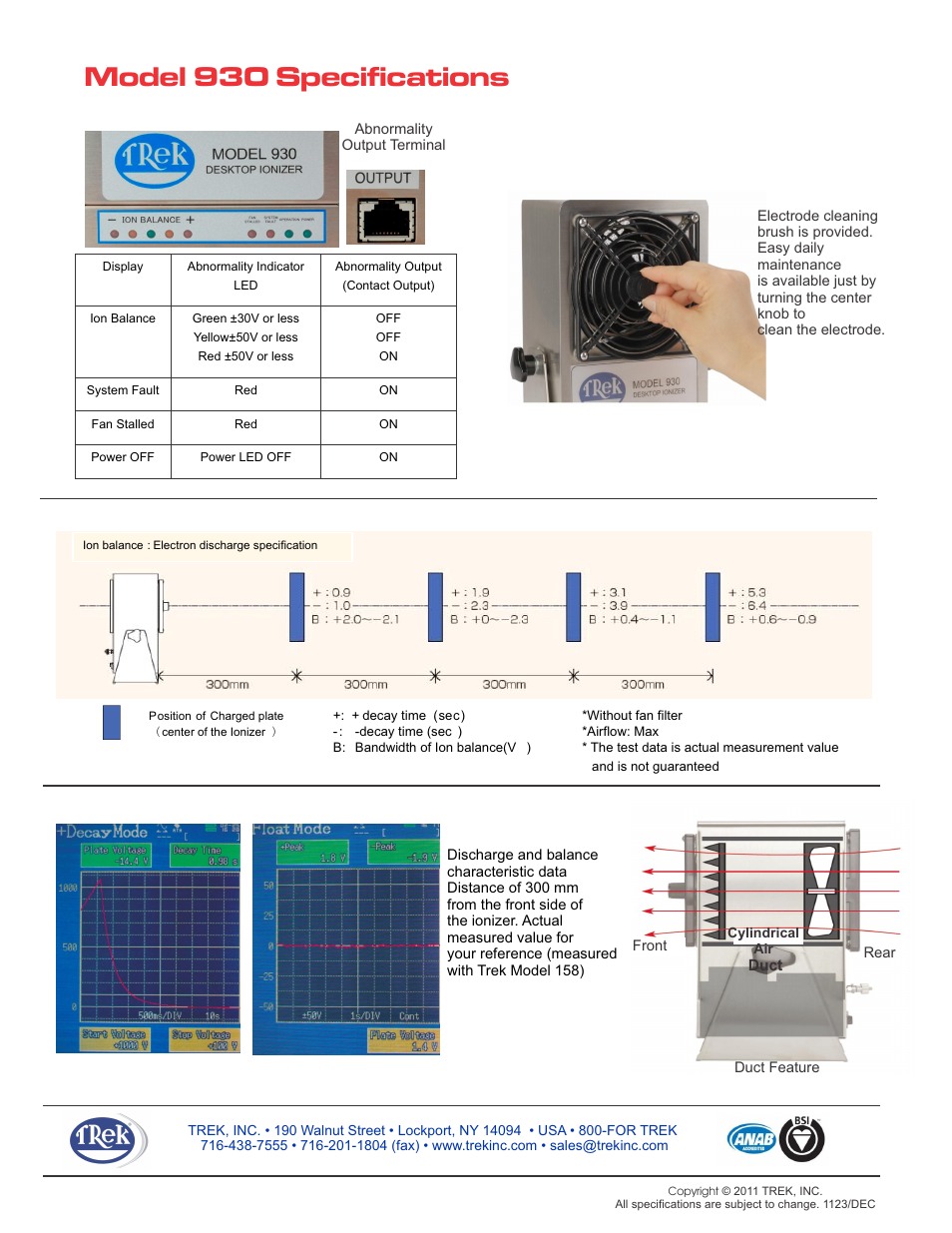 Model 930 specifications | Trek 930 Benchtop Ionizer User Manual | Page 3 / 3