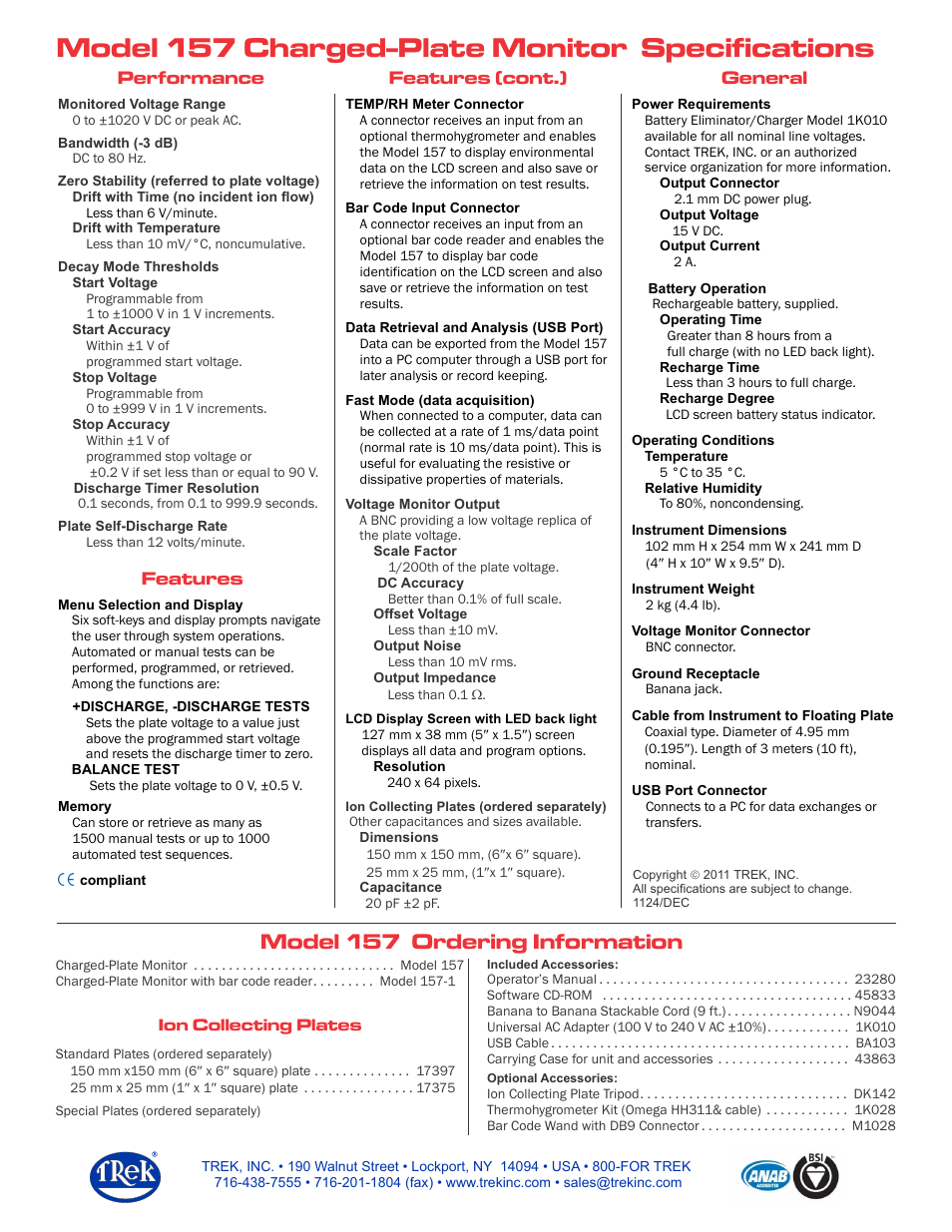 Model 157 ordering information, Performance features (cont.) general features | Trek 157 Charged Plate Monitor User Manual | Page 2 / 2