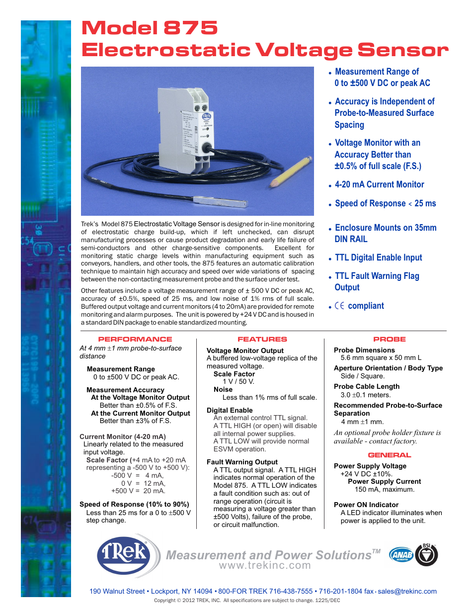 Trek 875 Electrostatic Voltage Sensor User Manual | 1 page