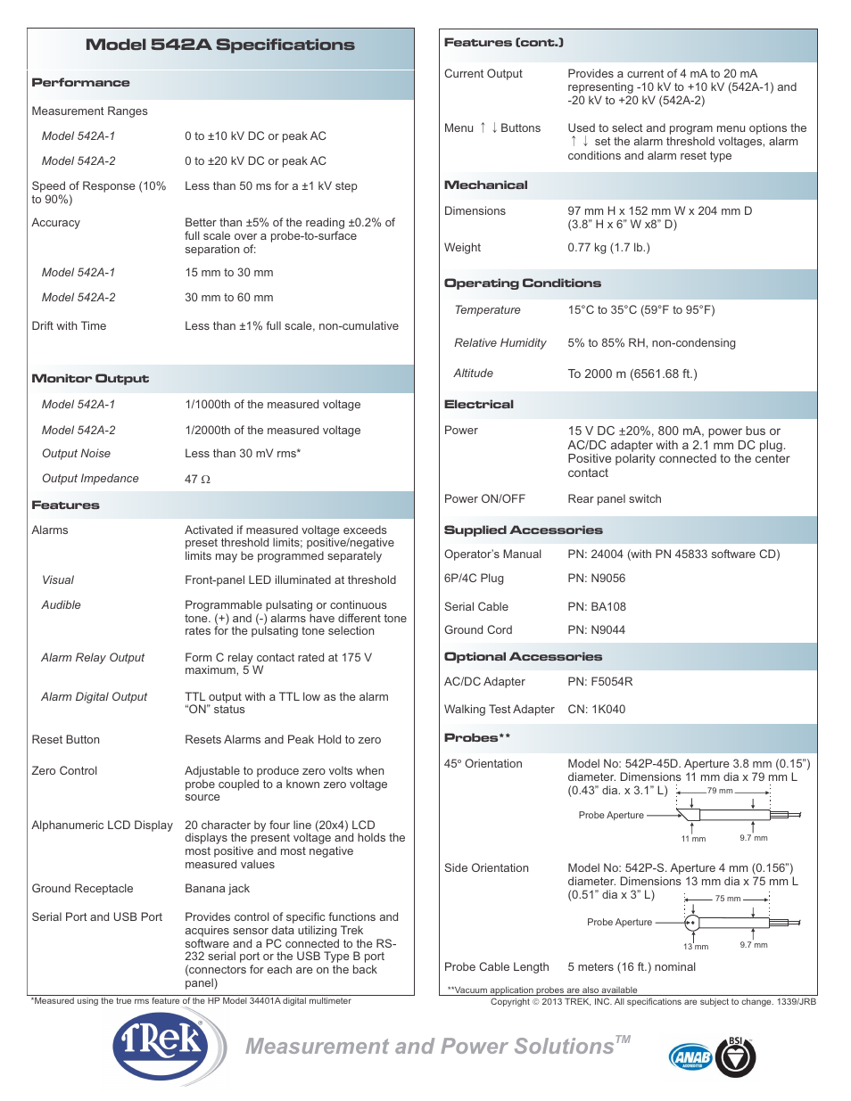 Measurement and power solutions, Model 542a specifications | Trek 542A Non-Contacting Electrostatic Voltmeter for EOS-ESD User Manual | Page 2 / 2