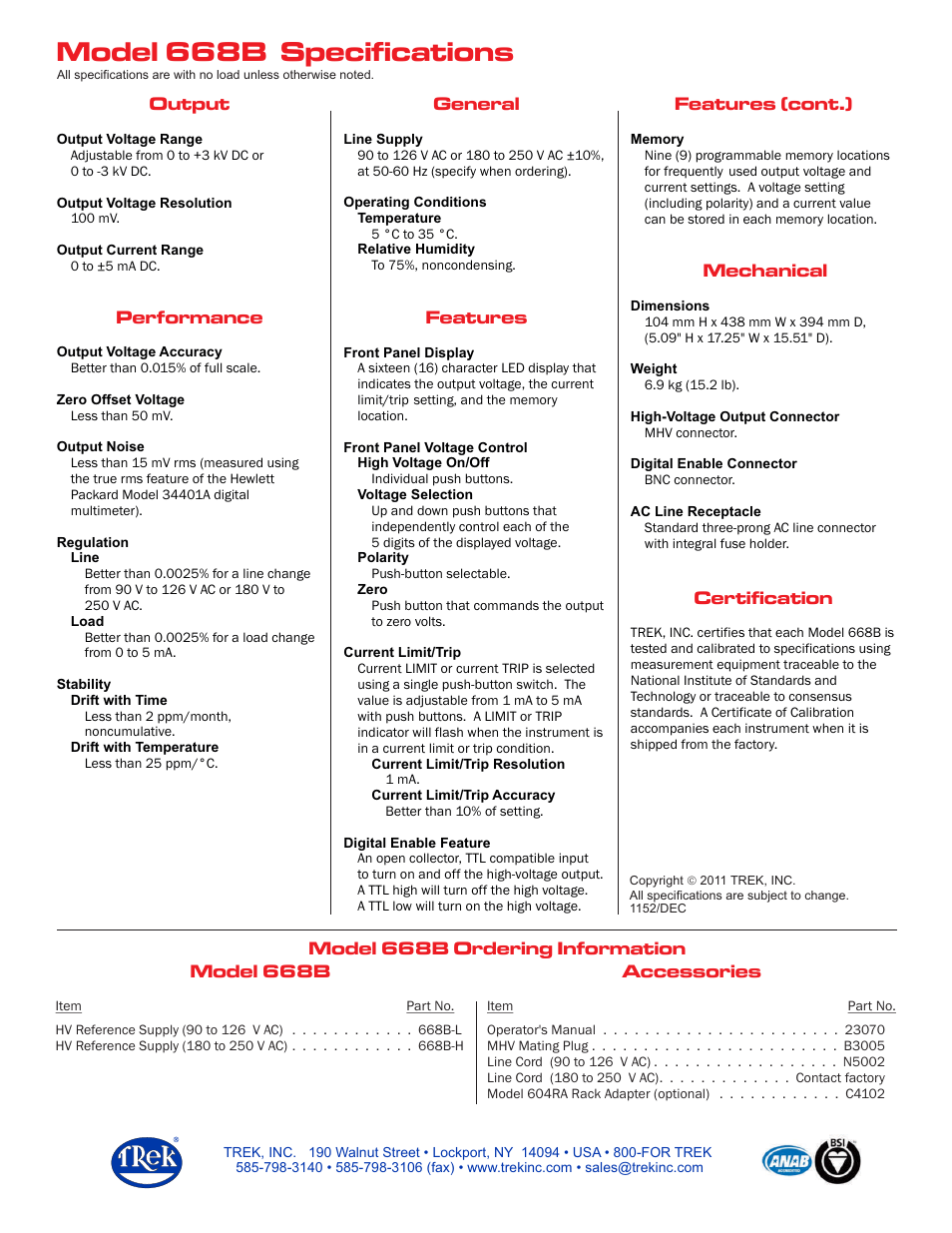 Model 10/40a specifications, Model 668b specifications, Output general features (cont.) | Mechanical performance features certification, Model 668b accessories, Model 668b ordering information | Trek 668B High-Voltage Reference Supply User Manual | Page 2 / 2